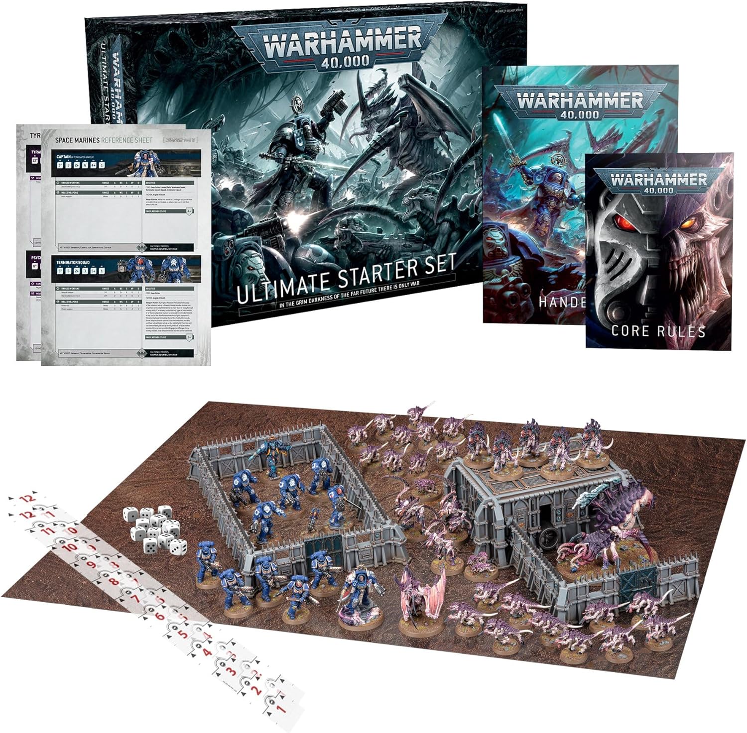 Warhammer 40000 Ultimate Starter Set Take the plunge into the 41st Millennium with the Ultimate Starter Set for Warhammer 40,000. This box gives you a complete introductory experience, with loads of incredible models, a battlefield to fight over, helpful guides, and all the dice, tools, and rules you need to play your first games. Pick the noble Space Marines or swarming Tyranids, give control of the other army to a friend or family member, and battle it out for hours of entertainment. There’s no better way to get into the Warhammer 40,000 hobby – this box is also an excellent way to expand your existing collections.