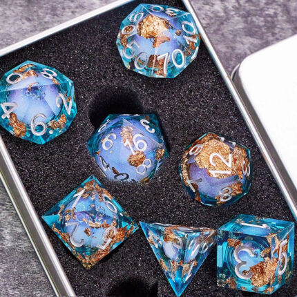 COC TRPG Star field Liquid Core Baldur's Gate multi-sided dice set 20-sided DND Blue Gold Foil + Metal Gift Box + Velvet Bag