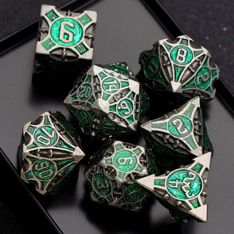 COC TRPG dice metal Baldur's Gate COC dice set multi-faceted Cthulhu DND dice Glitter Green + Metal Gift Box + Velvet Bag